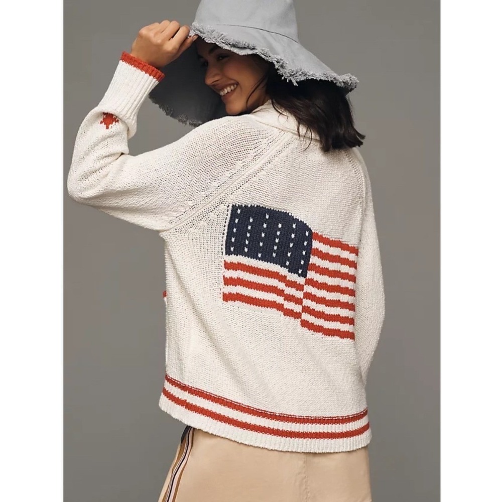 Anthropologie Maeve American Flag Cardigan‎ Sweater Shawl Collar Ivory